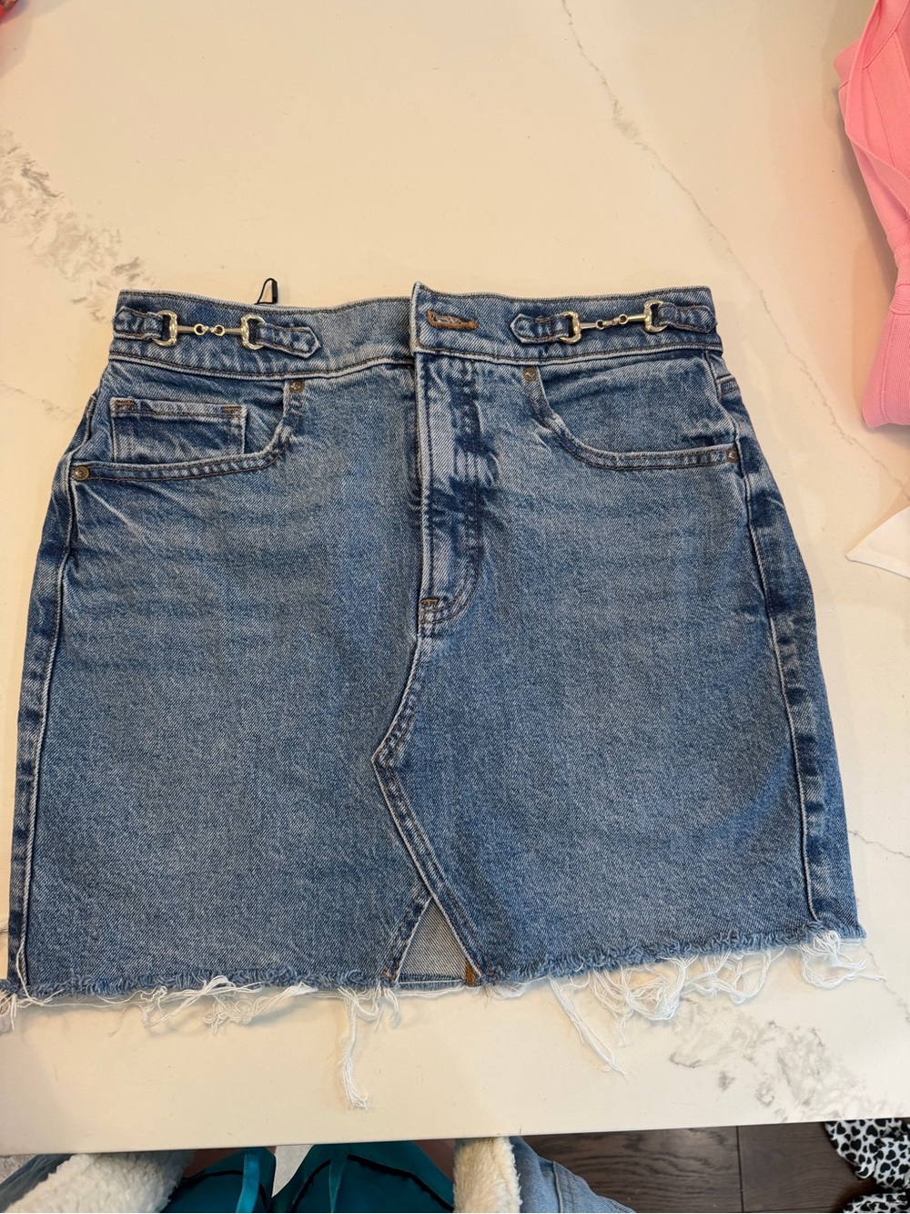 Express Classic Blue Denim Mini Skirt with Front Slit- size 4, 15” long.